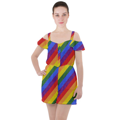 Ruffle Cut Out Chiffon Playsuit - Rainbow Pride - Luxtrini, LLC