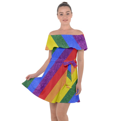 Off Shoulder Velour Dress - Rainbow Pride - Luxtrini, LLC