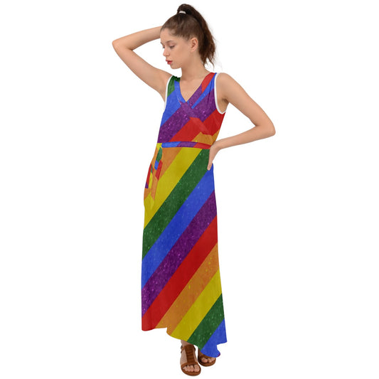 V-Neck Chiffon Maxi Dress - Rainbow Pride - Luxtrini, LLC