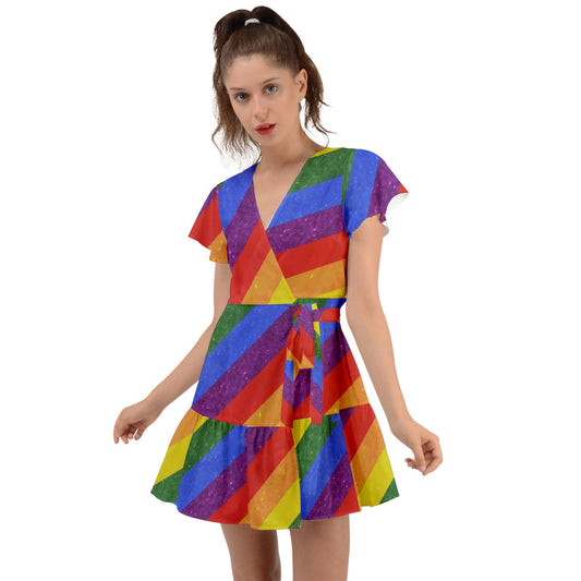 Flutter Sleeve Wrap Dress - Rainbow Pride - Luxtrini, LLC