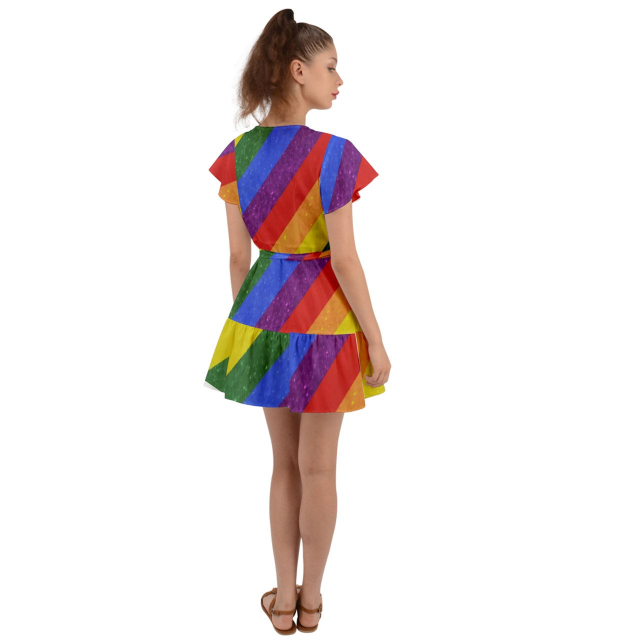 Flutter Sleeve Wrap Dress - Rainbow Pride - Luxtrini, LLC