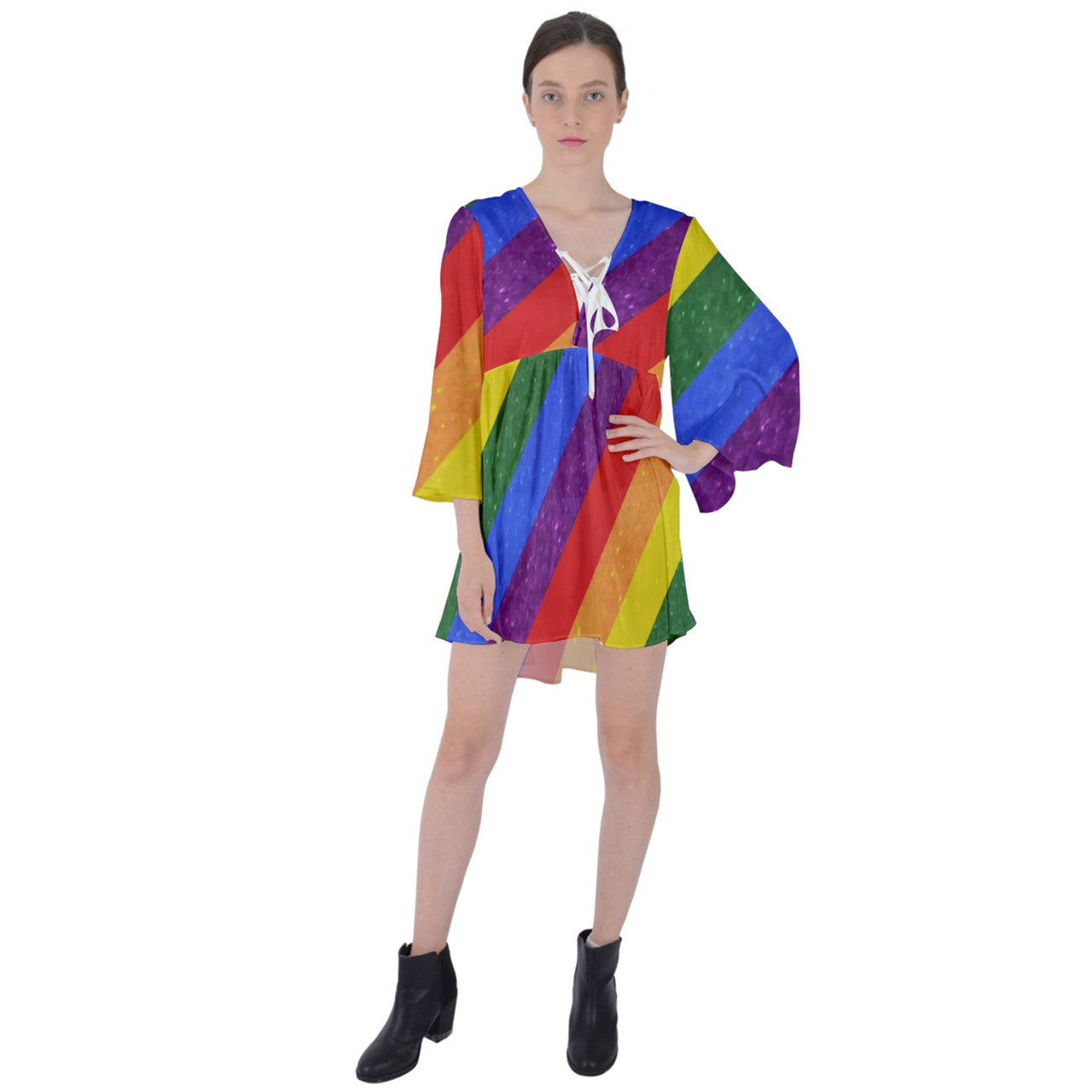 V-Neck Flare Sleeve Mini Dress - Rainbow Pride - Luxtrini, LLC