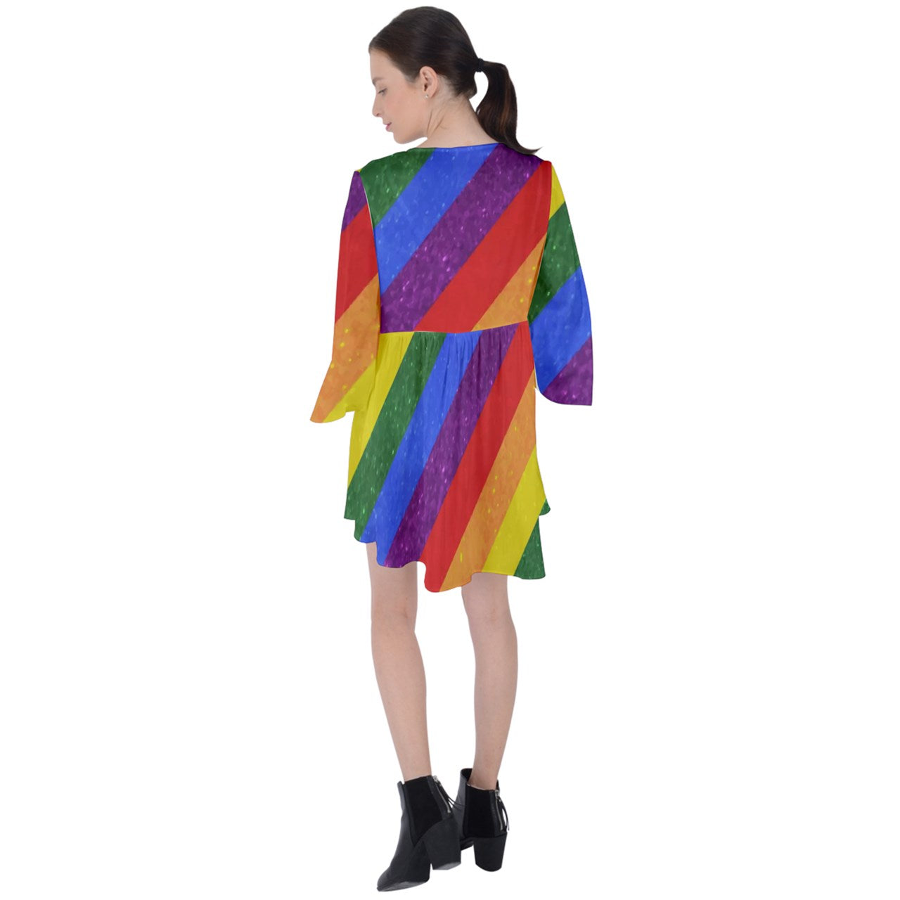 V-Neck Flare Sleeve Mini Dress - Rainbow Pride - Luxtrini, LLC