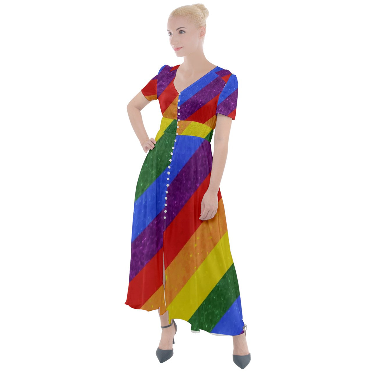 Button Up Short Sleeve Maxi Dress - Rainbow Pride - Luxtrini, LLC