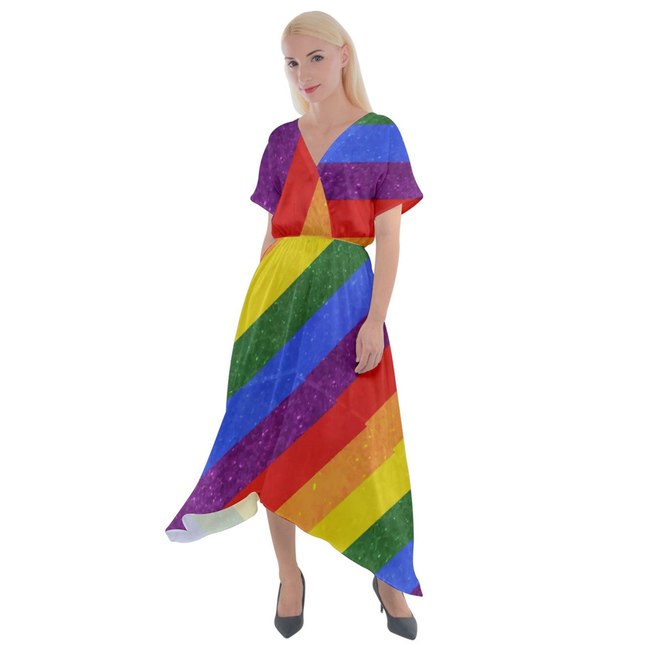 Cross Front Sharkbite Hem Maxi Dress - Rainbow Pride - Luxtrini, LLC