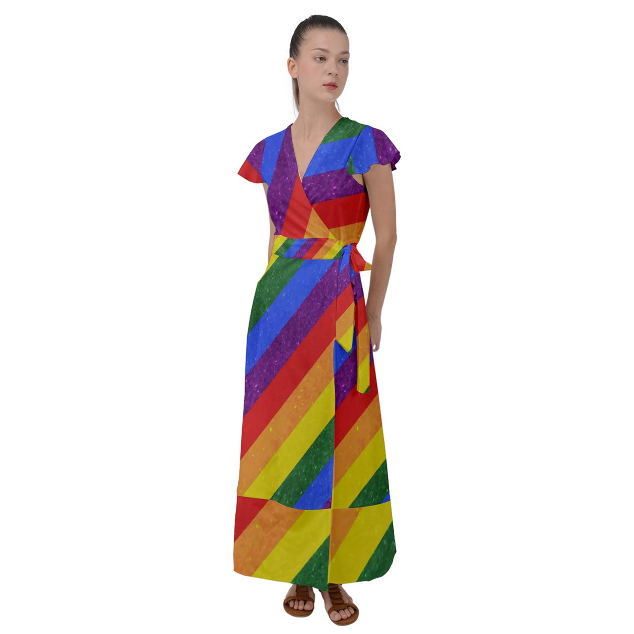 Flutter Sleeve Maxi Dress - Rainbow Pride - Luxtrini, LLC