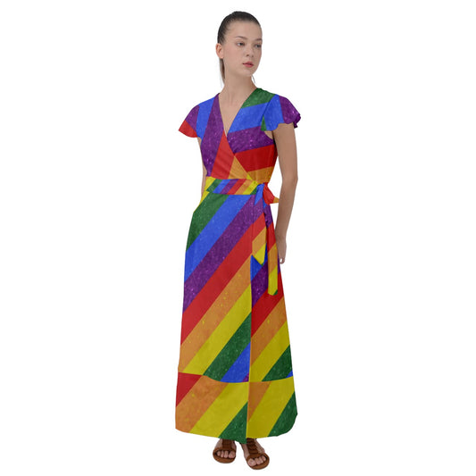 Flutter Sleeve Maxi Dress - Rainbow Pride - Luxtrini, LLC