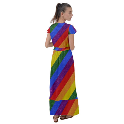 Flutter Sleeve Maxi Dress - Rainbow Pride - Luxtrini, LLC