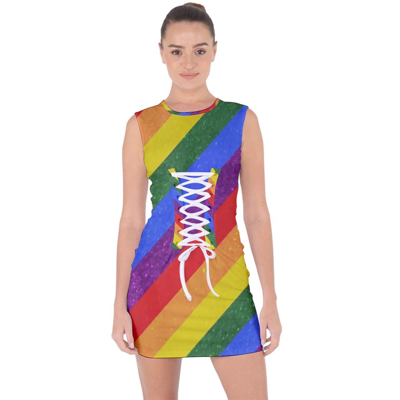 Lace Up Front Bodycon Dress - Rainbow Pride - Luxtrini, LLC