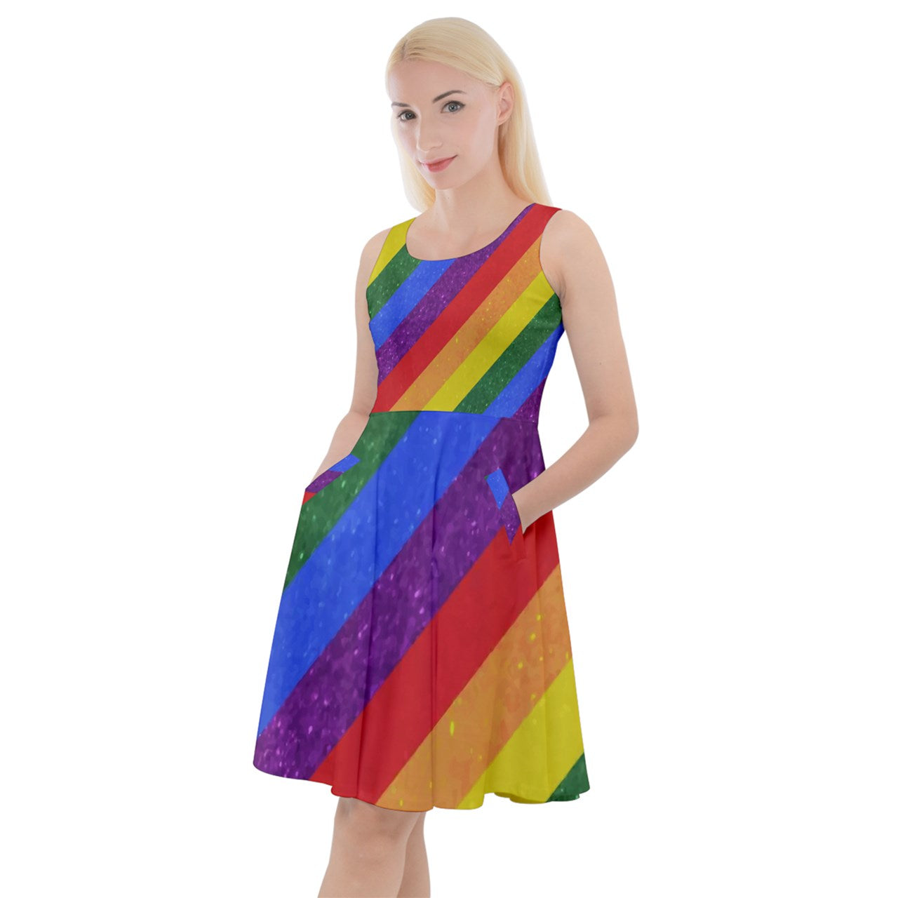 Knee Length Skater Dress With Pockets - Rainbow Pride - Luxtrini, LLC