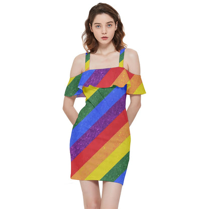 Shoulder Frill Bodycon Summer Dress - Rainbow Pride - Luxtrini, LLC