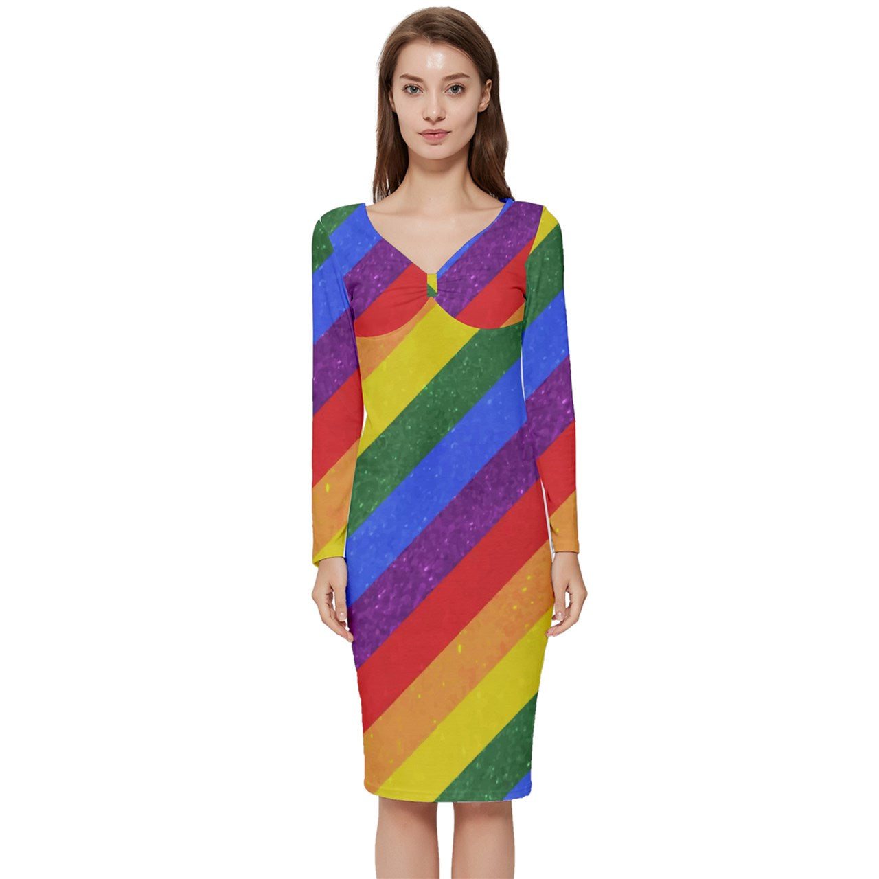 Long Sleeve V-Neck Bodycon Dress - Rainbow Pride - Luxtrini, LLC