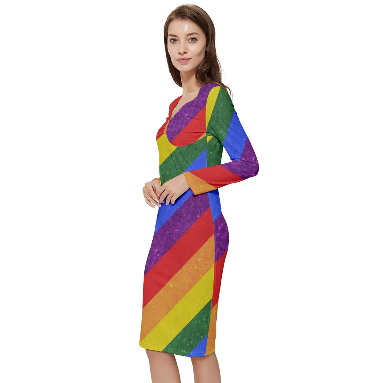 Long Sleeve V-Neck Bodycon Dress - Rainbow Pride - Luxtrini, LLC