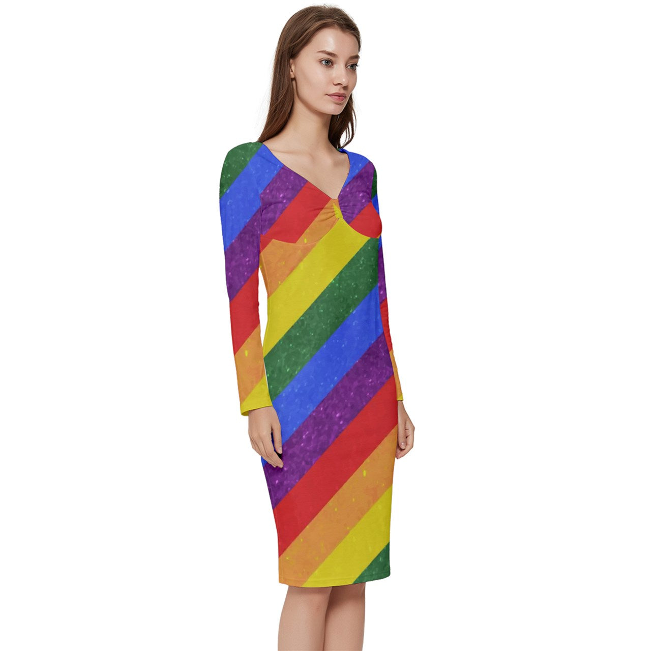 Long Sleeve V-Neck Bodycon Dress - Rainbow Pride - Luxtrini, LLC