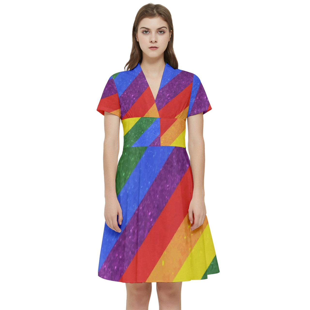 Short Sleeve Waist Detail Dress - Rainbow Pride - Luxtrini, LLC