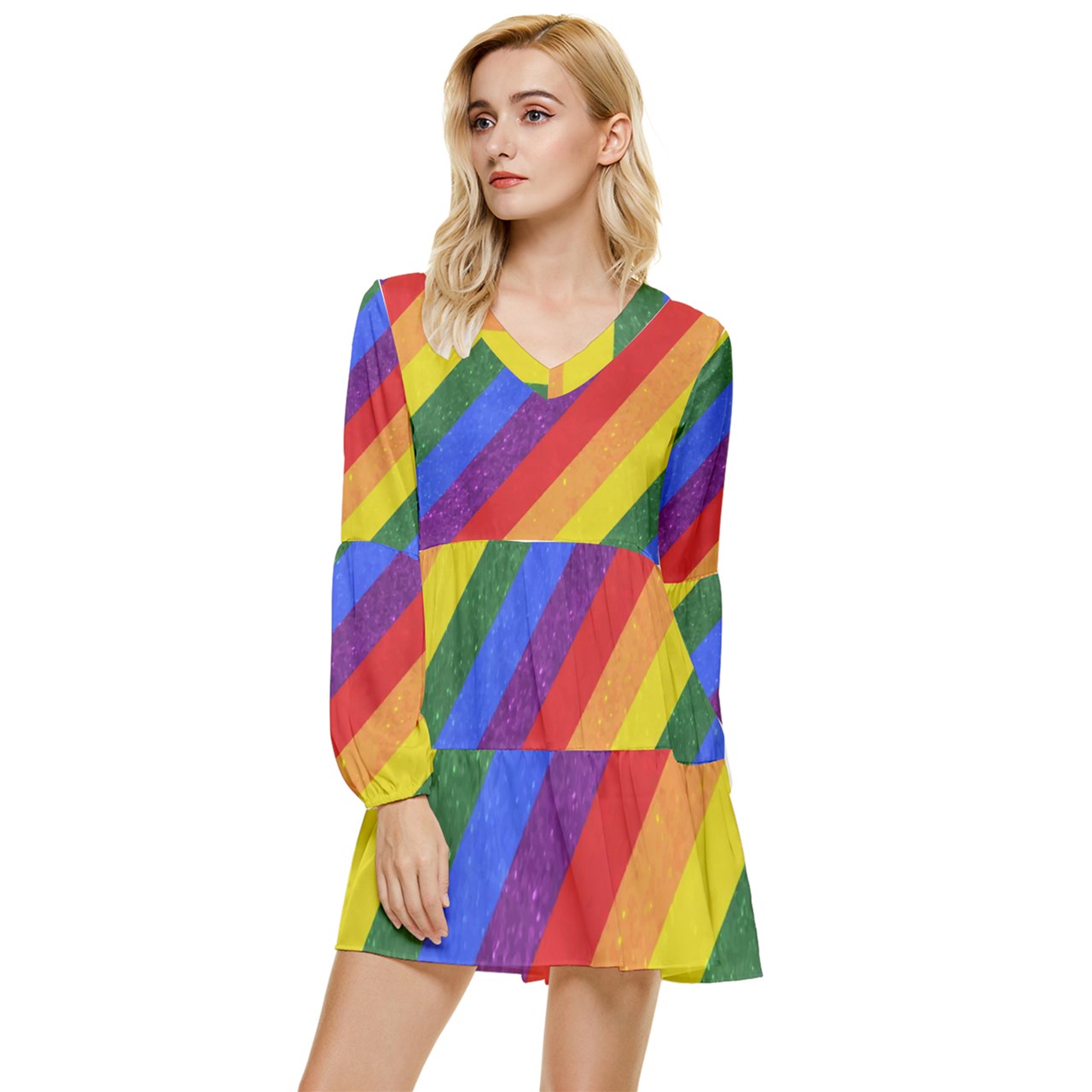 Tiered Long Sleeve Mini Dress - Rainbow Pride - Luxtrini, LLC