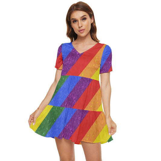 Tiered Short Sleeve Babydoll Dress - Rainbow Pride - Luxtrini, LLC