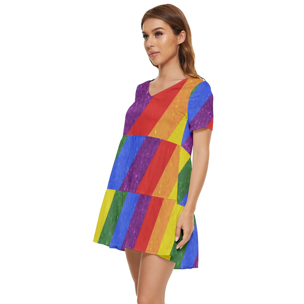 Tiered Short Sleeve Babydoll Dress - Rainbow Pride - Luxtrini, LLC