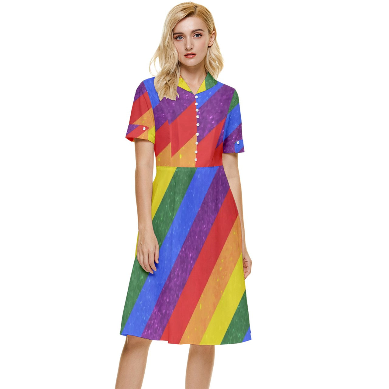 Button Top Knee Length Dress - Rainbow Pride - Luxtrini, LLC