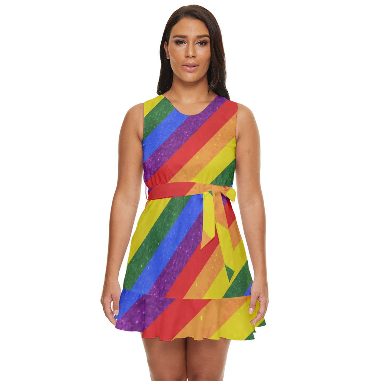 Waist Tie Tier Mini Chiffon Dress - Rainbow Pride - Luxtrini, LLC