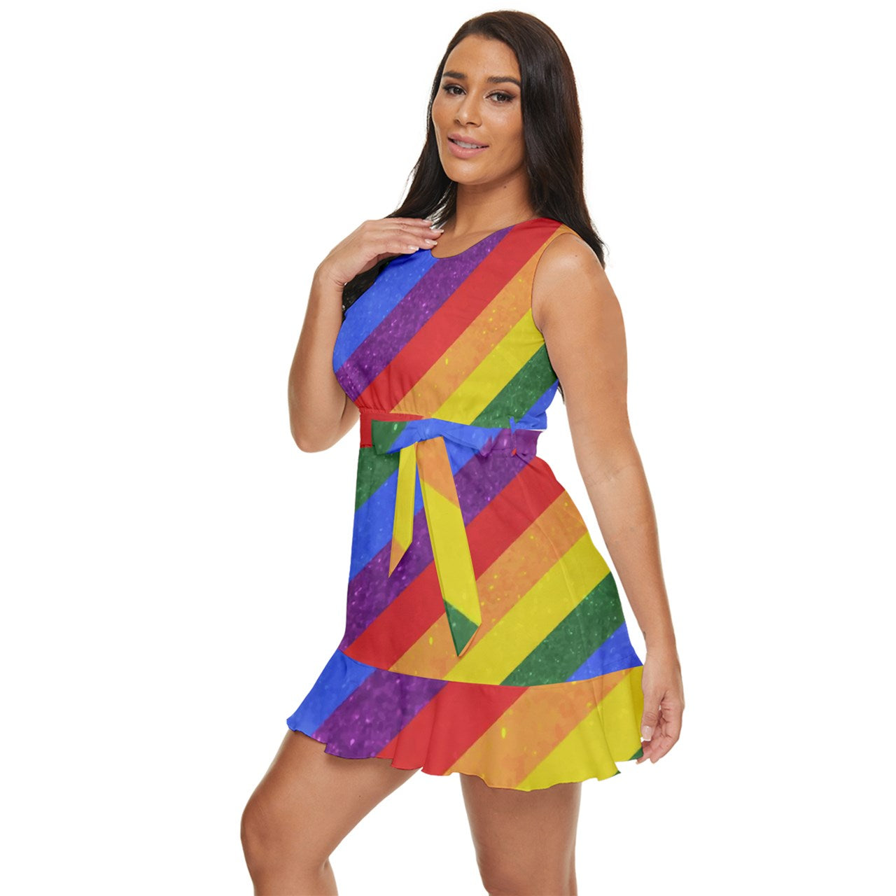 Waist Tie Tier Mini Chiffon Dress - Rainbow Pride - Luxtrini, LLC