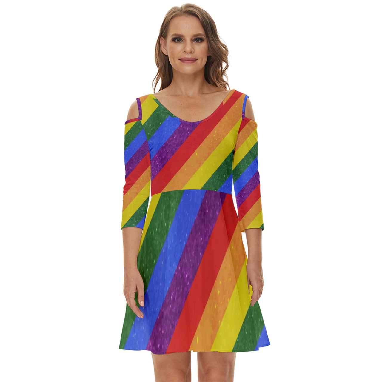 Shoulder Cut Out Zip Up Dress - Rainbow Pride - Luxtrini, LLC