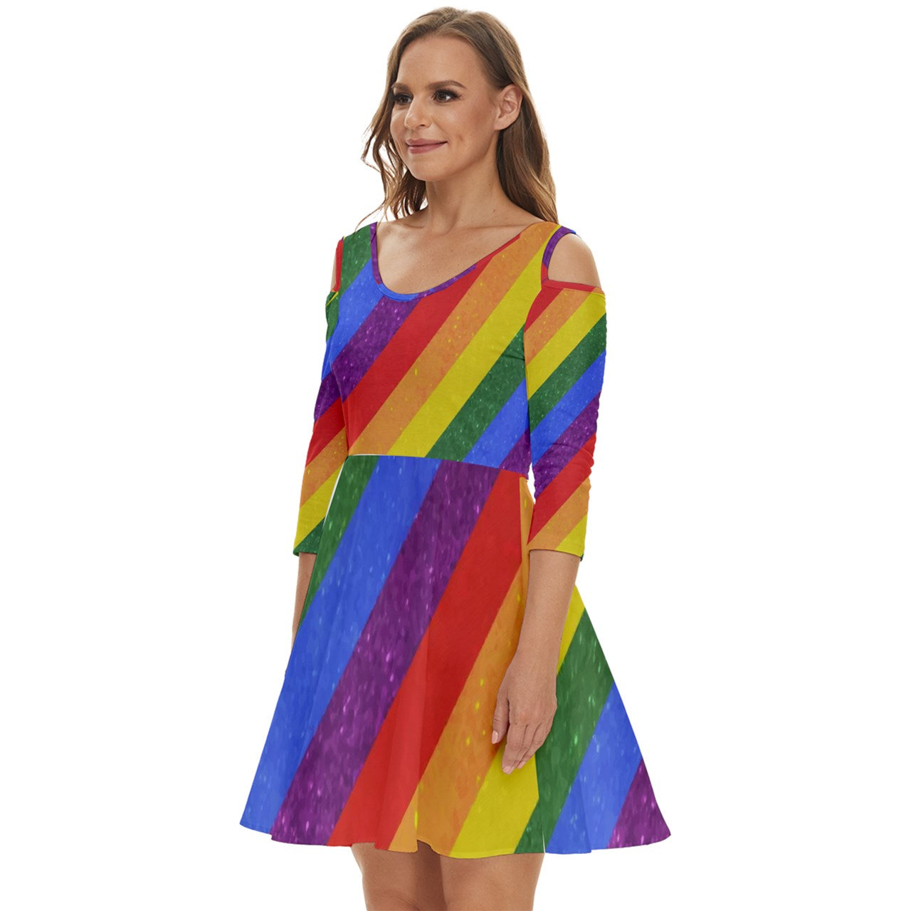 Shoulder Cut Out Zip Up Dress - Rainbow Pride - Luxtrini, LLC