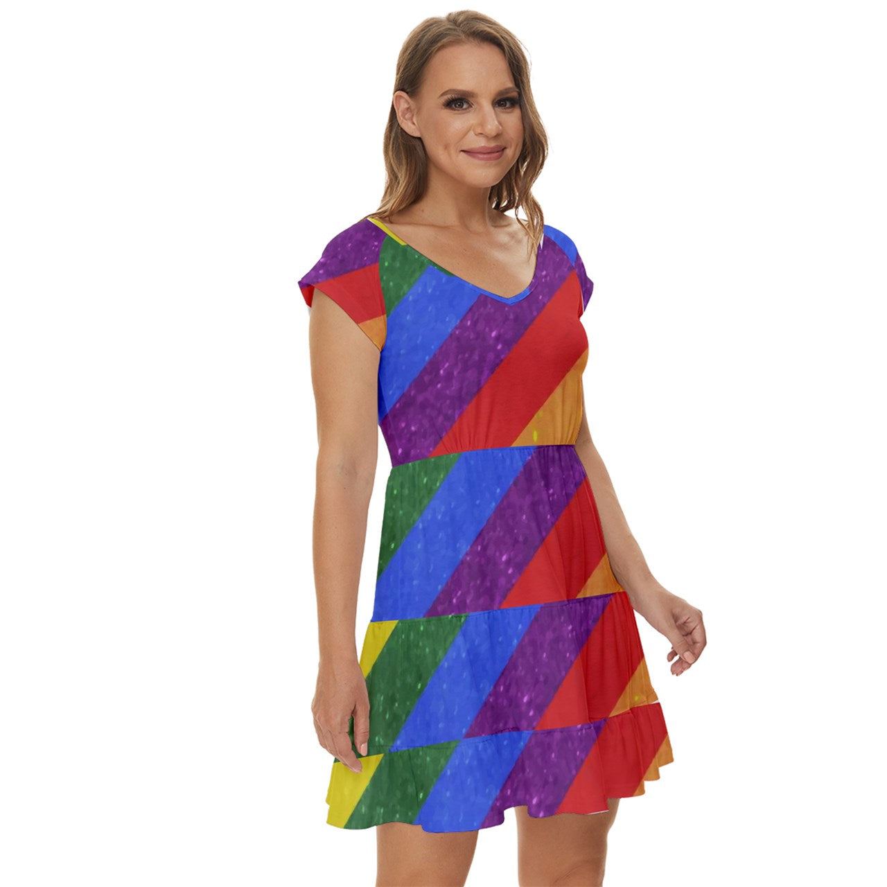 Short Sleeve Tiered Mini Dress - Rainbow Pride - Luxtrini, LLC