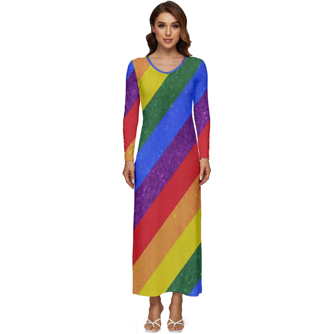 Long Sleeve Velour Longline Maxi Dress - Rainbow Pride - Luxtrini, LLC