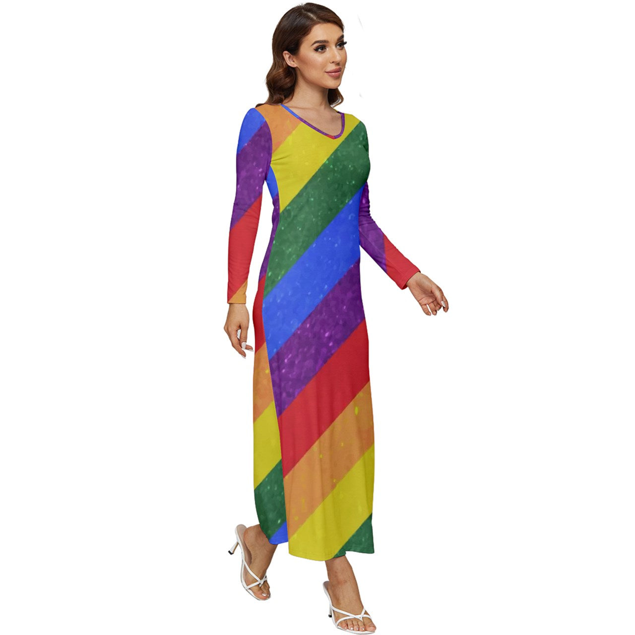 Long Sleeve Velour Longline Maxi Dress - Rainbow Pride - Luxtrini, LLC