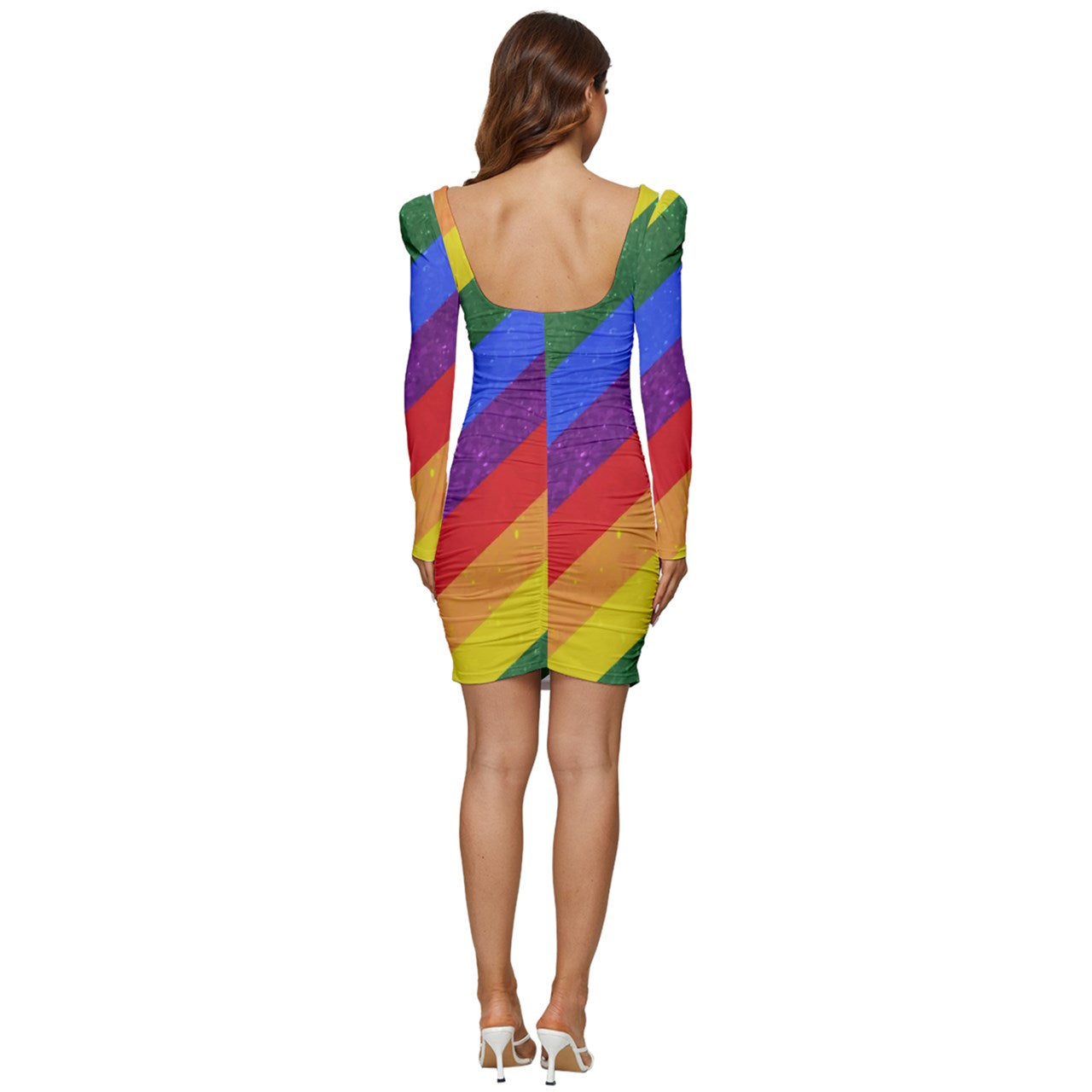 Women Long Sleeve Ruched Stretch Jersey Dress - Rainbow Pride - Luxtrini, LLC