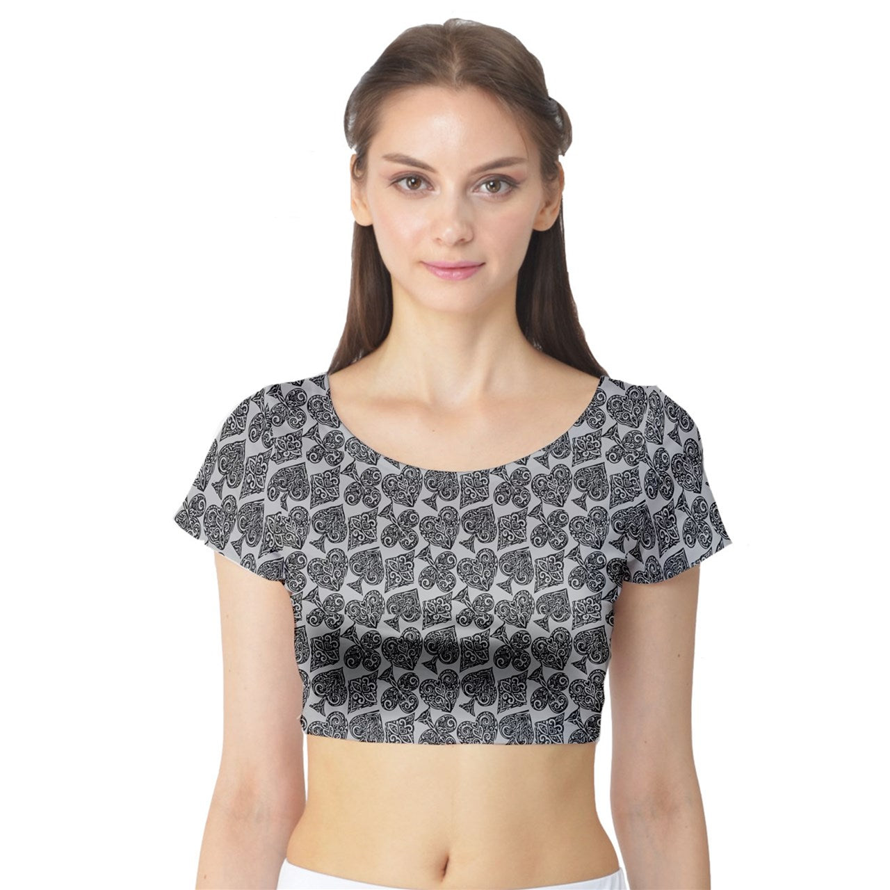 Playingcards-grey Short Sleeve Crop Top - Luxtrini, LLC