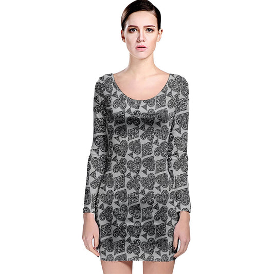 Playingcards-grey Long Sleeve Bodycon Dress - Luxtrini, LLC