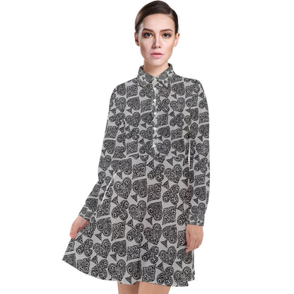 Playingcards-grey Long Sleeve Chiffon Shirt Dress - Luxtrini, LLC