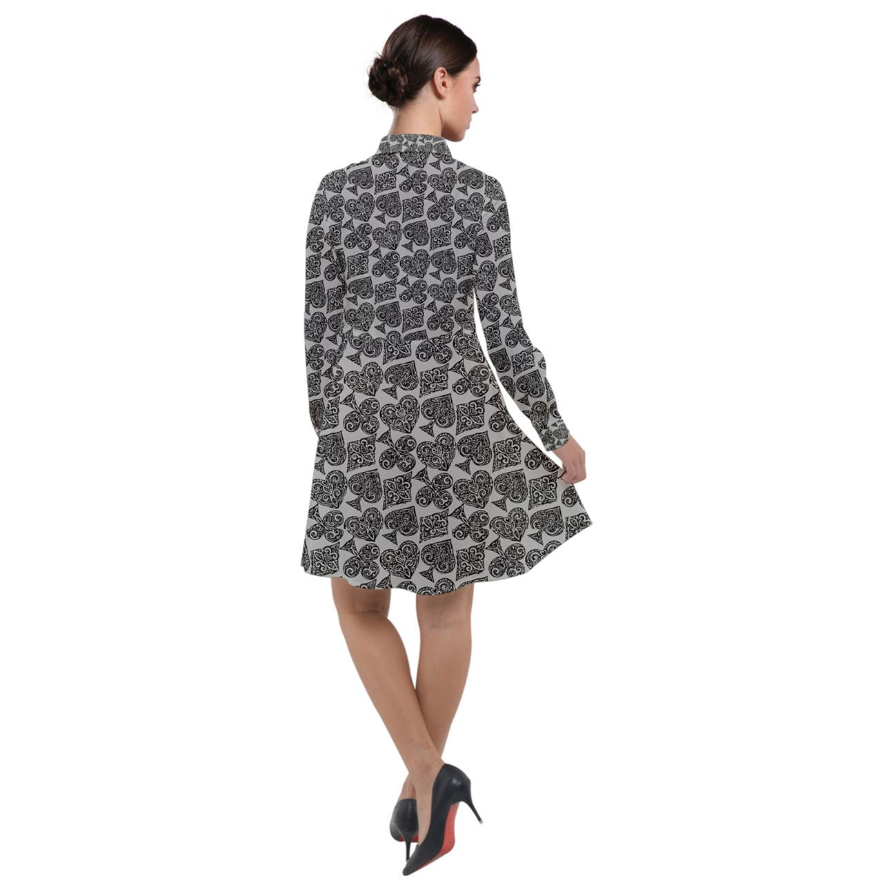 Playingcards-grey Long Sleeve Chiffon Shirt Dress - Luxtrini, LLC