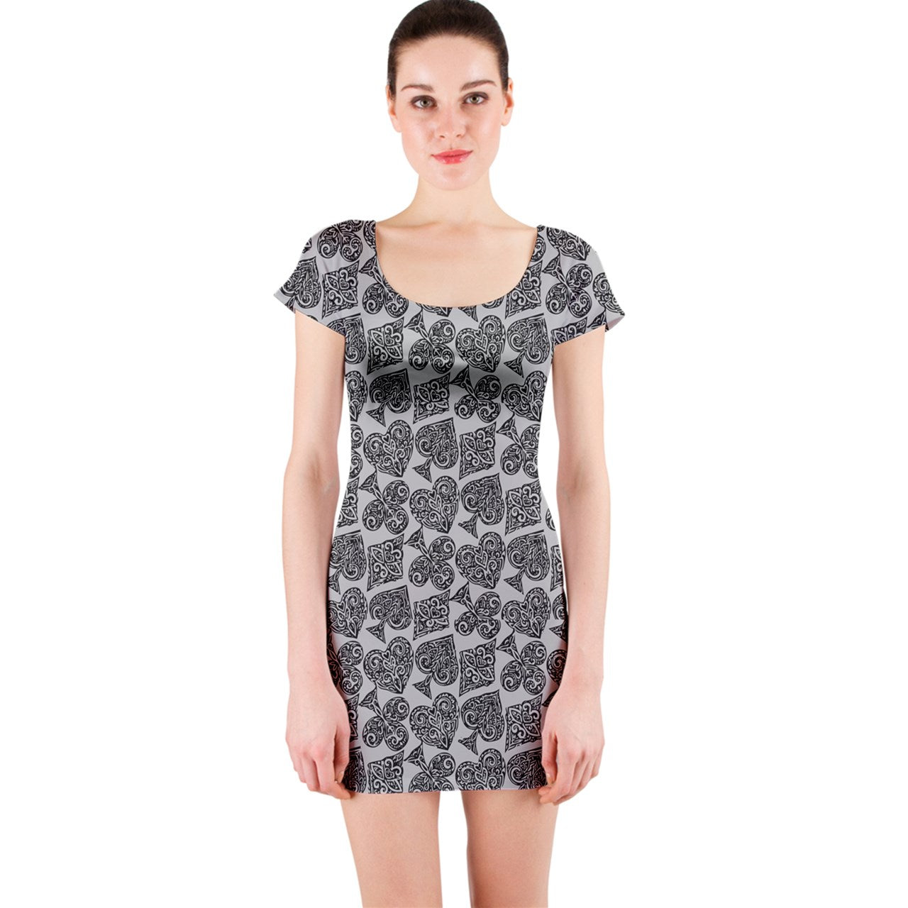 Playingcards-grey Short Sleeve Bodycon Dress - Luxtrini, LLC