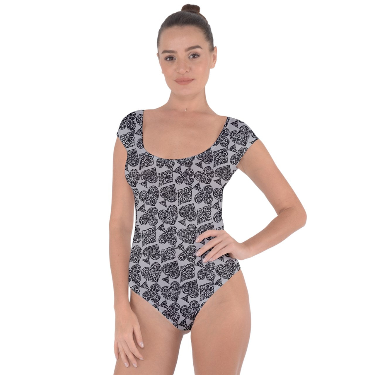 Playingcards-grey Short Sleeve Leotard - Luxtrini, LLC