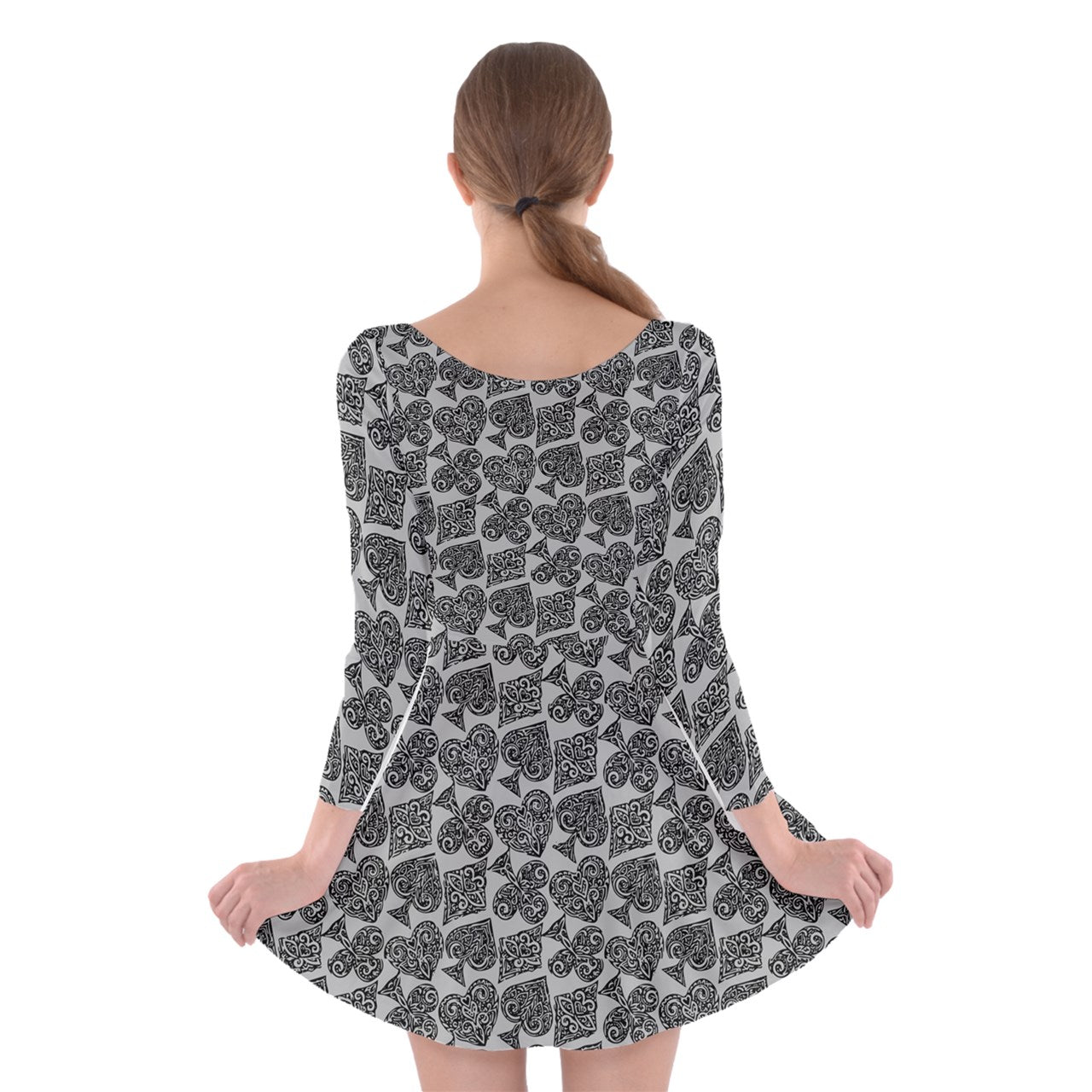 Playingcards-grey Long Sleeve Skater Dress - Luxtrini, LLC