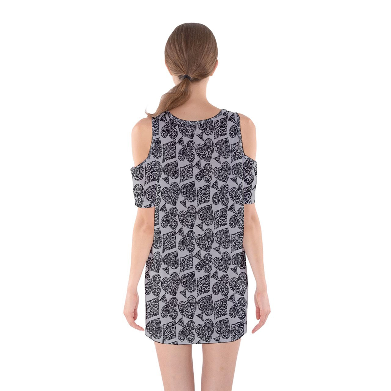 Playingcards-grey Shoulder Cutout One Piece Dress - Luxtrini, LLC