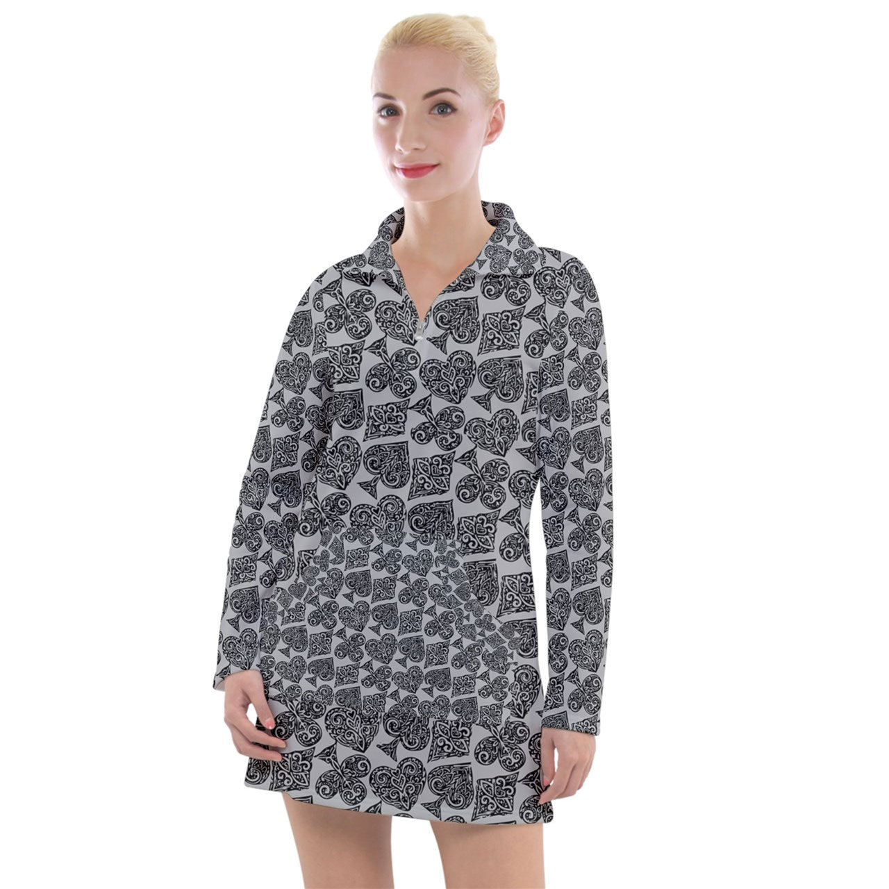 Playingcards-grey Women's Long Sleeve Casual Dress - Luxtrini, LLC