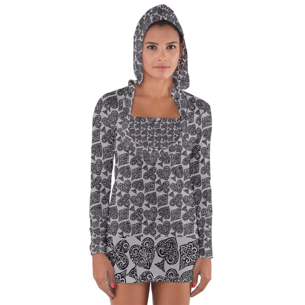 Playingcards-grey Long Sleeve Hooded T-shirt - Luxtrini, LLC