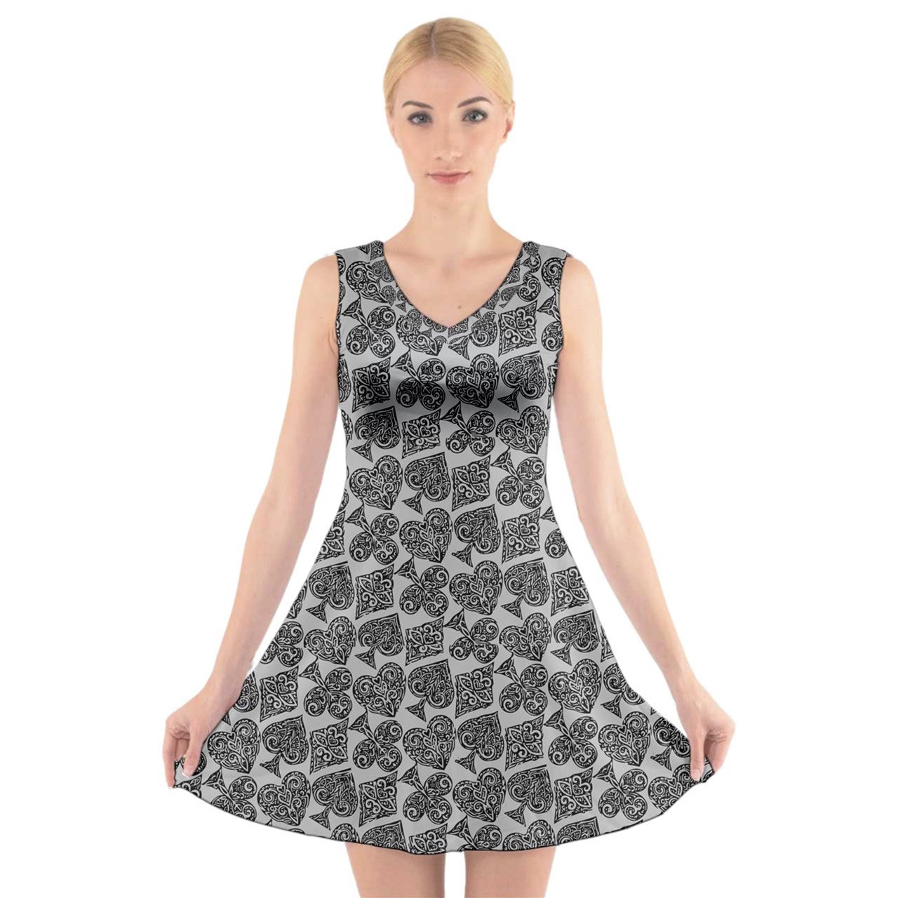 Playingcards-grey V-Neck Sleeveless Dress - Luxtrini, LLC