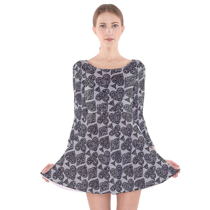 Playingcards-grey Long Sleeve Velvet Skater Dress - Luxtrini, LLC