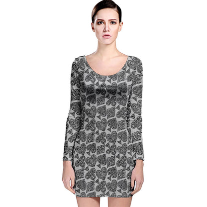 Playingcards-grey Long Sleeve Velvet Bodycon Dress - Luxtrini, LLC