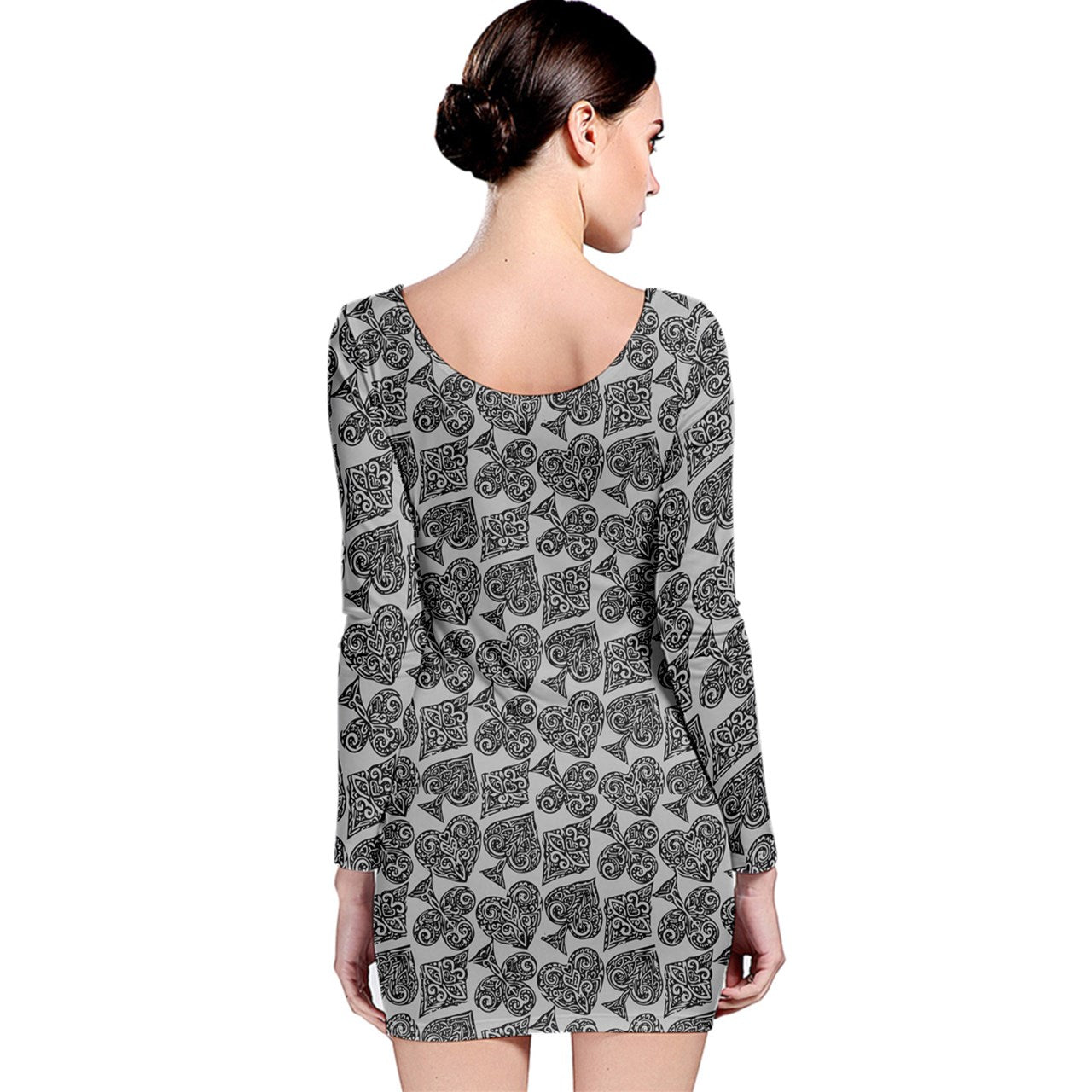 Playingcards-grey Long Sleeve Velvet Bodycon Dress - Luxtrini, LLC