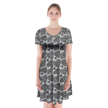 Playingcards-grey Short Sleeve V-neck Flare Dress - Luxtrini, LLC