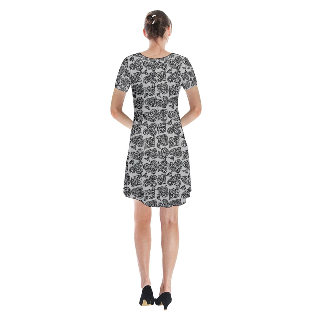 Playingcards-grey Short Sleeve V-neck Flare Dress - Luxtrini, LLC