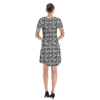 Playingcards-grey Short Sleeve V-neck Flare Dress - Luxtrini, LLC