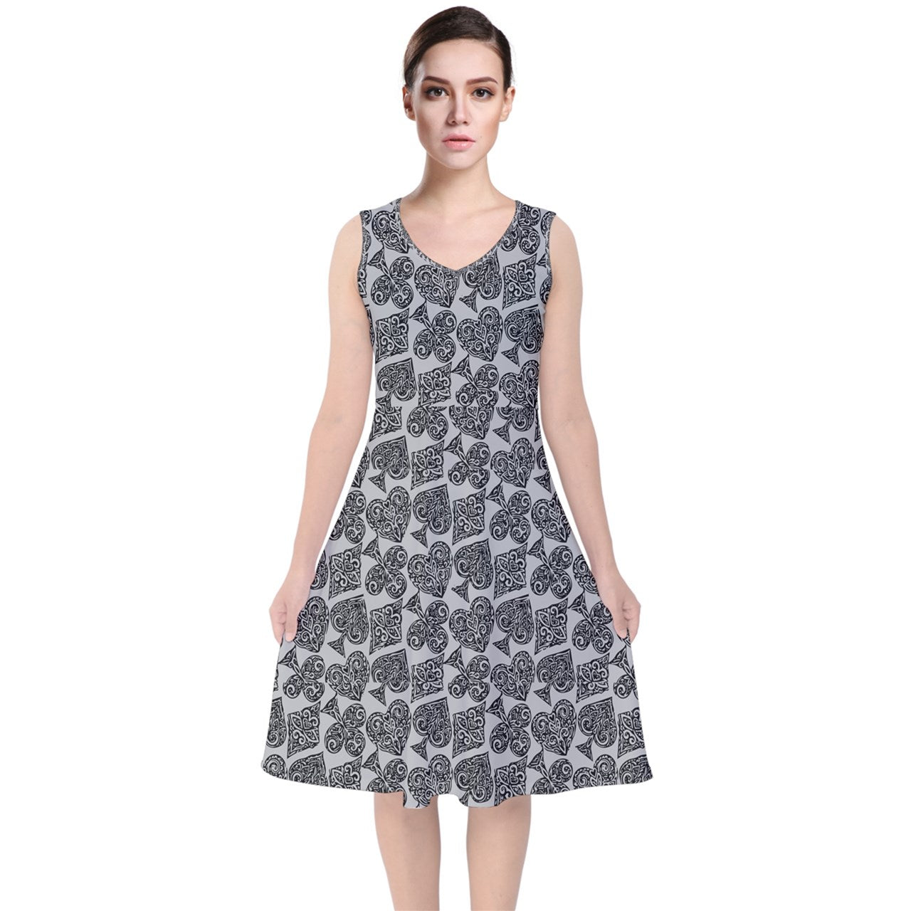 Playingcards-grey V-Neck Midi Sleeveless Dress - Luxtrini, LLC