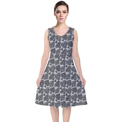 Playingcards-grey V-Neck Midi Sleeveless Dress - Luxtrini, LLC